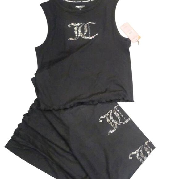 Juicy Couture JC Rhinestone Logo Ribbed Tank & Pants PJ Set- Black - Picture 4 of 8